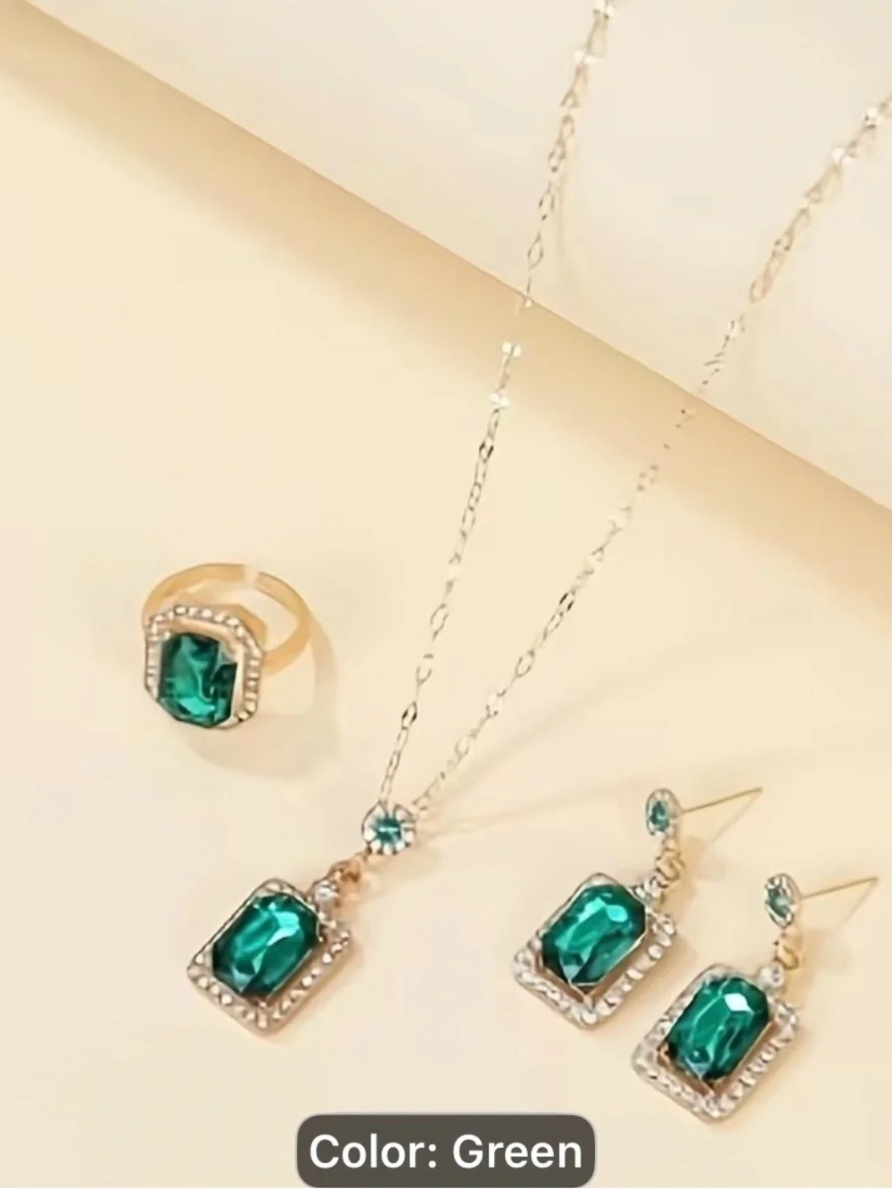 Emerald Green Gold-Plated Jewelry Set - Necklace, Ring & Earrings